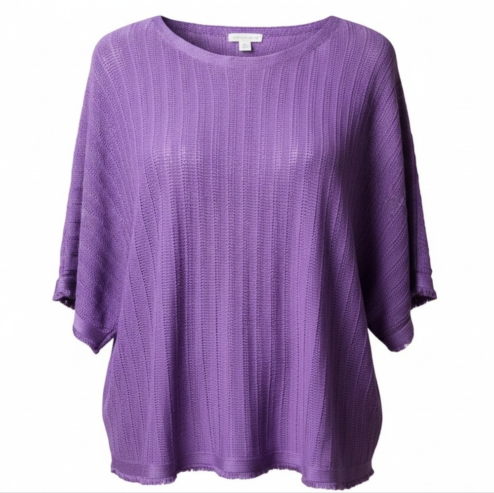 COLDWATER CREEK | Royal Purple Ribbed Crew Neck Short Sleeve Fringe Sweater | 1X